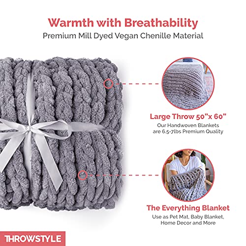 Throwstyle Chunky Knit Blanket, Breathable Throw Blankets, Versatile Chenille Throw Blanket, Blankets For Couch, Bed And More, Handwoven Full Size Blanket, 50 X 60 Inches, Light Grey - Luxesafe #TOP6