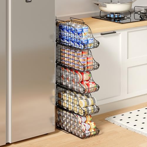 Sonyabecca 4-Pack Stackable Canned Food Organizer with Handles for Kitchen, Soda Can Organizer for Pantry Shelves, Wire Cabinet Shelf for Can Storage, Foldable Soda Dispenser, Patent Pending, Black