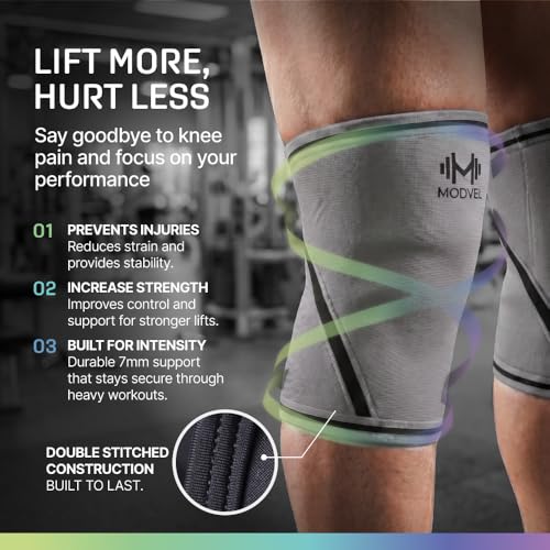 Image of Modvel 7mm Neoprene Knee Sleeves for Men & Women Weightlifting & Powerlifting - Compression Knee Sleeve Support for Squats, Gym, Training - USPA, IPL Approved - Large Grey (Pair)