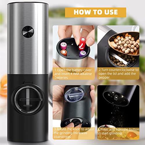 Electric Salt and Pepper Grinder Set, RIGHTWELL 2 PCS Adjustable Coarseness Pepper Grinder Mill with Storage Base and LED Light, Automatic Ceramic Core Salt Grinder for for Kitchen, BBQ, Camping,70ml