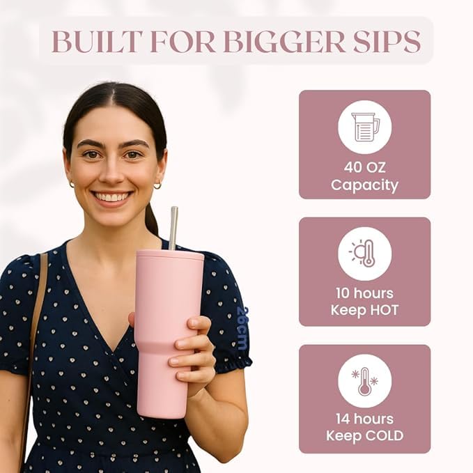 Image of Stainless Steel 1200 ml Vacuum Tumbler with Lid & Straw - Double‑Wall Insulated Cup for Travel, Gym & Office - Keeps Beverages Hot or Cold - 1.2 L Capacity (3RD Generation Light Pink)