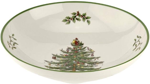 Spode Christmas Tree Pasta Bowl - 9-Inch, Dishwasher, Microwave, Freezer Safe, Made of Porcelain, Serveware, Holiday Tree Design, Green/Beige, Holiday Tableware, Festive Dinnerware, Kitchenware