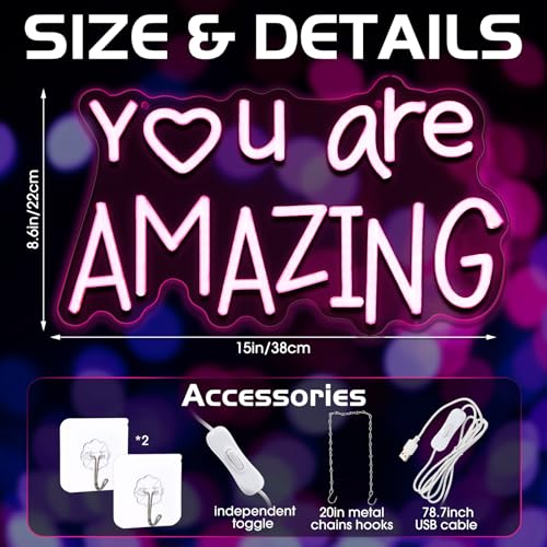 Image of Retisee Pink You Are Amazing LED Neon Light Sign Dimmable for Girls Room Bedroom Bar Pub Club Decoration Hanging Pink LED Light for Party Birthday Wedding Women 15 x 8.6 Inch