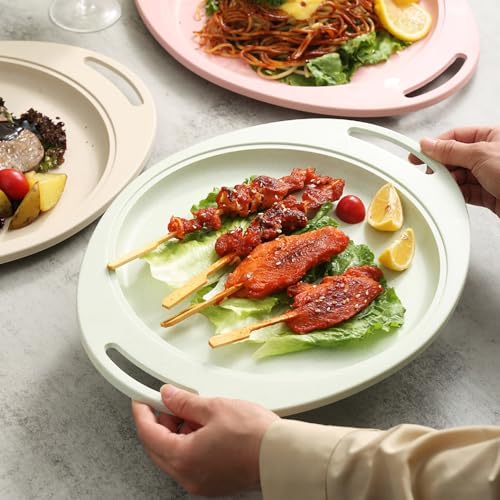 Image of Eco Friendly Wheat Straw Plates Suitable for Desserts, Appetizers, Snacks, Chips, Sandwiches, Cheese, Sushi, Fruit, Snacks, Bread, Cheese, Biscuits Dishwasher Safe (34cm, Green, Set of 3)