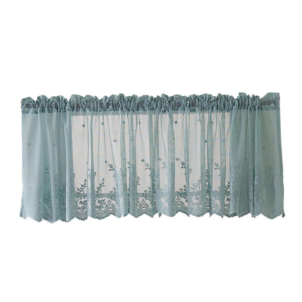 Hbbgdiy Sheer Valance Curtain for Kitchen Window, Short Floral Lace Curtains with Pocket Top, Tulle Semi-Transparent Window Drapery 130x41CM, Elegant, Blue