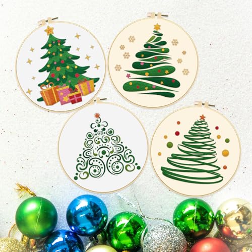 Image of FREEBLOSS 4 Set 20cm Christmas Tree Embroidery Kit Cross Stitch Kit with Stamped Christmas Pattern Embroidery Kit for Beginners Instructions Included Embroidery Starter Kit for Adults