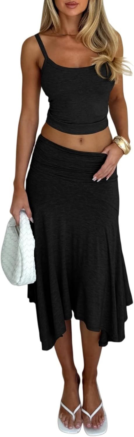 Skirt Sets Women 2 Piece Outfits Sexy Two Pc Sleeveless Tank Crop Tops and Asymmetrical Midi Skirts Set