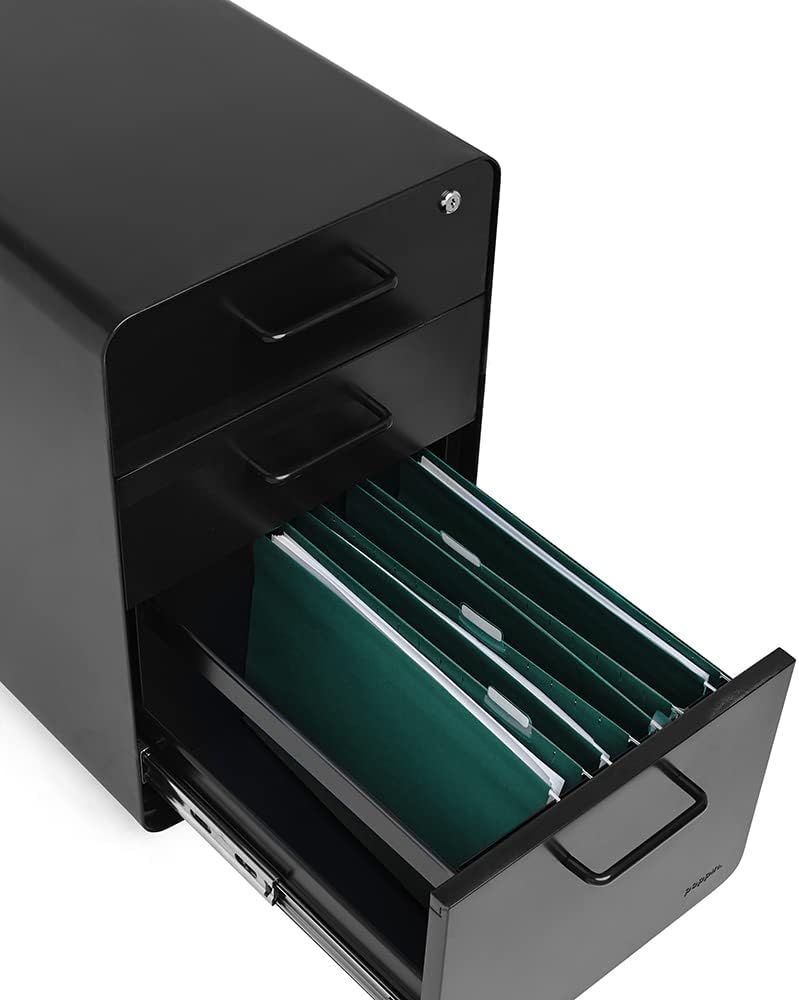 Poppin Stow 3-Drawer Rolling File Cabinet - Black. 2 Utility Drawers and 1 Hanging File Drawer. Two Locking and Two Non-Locking Wheels. Powder-Coated Steel. Two Keys Included