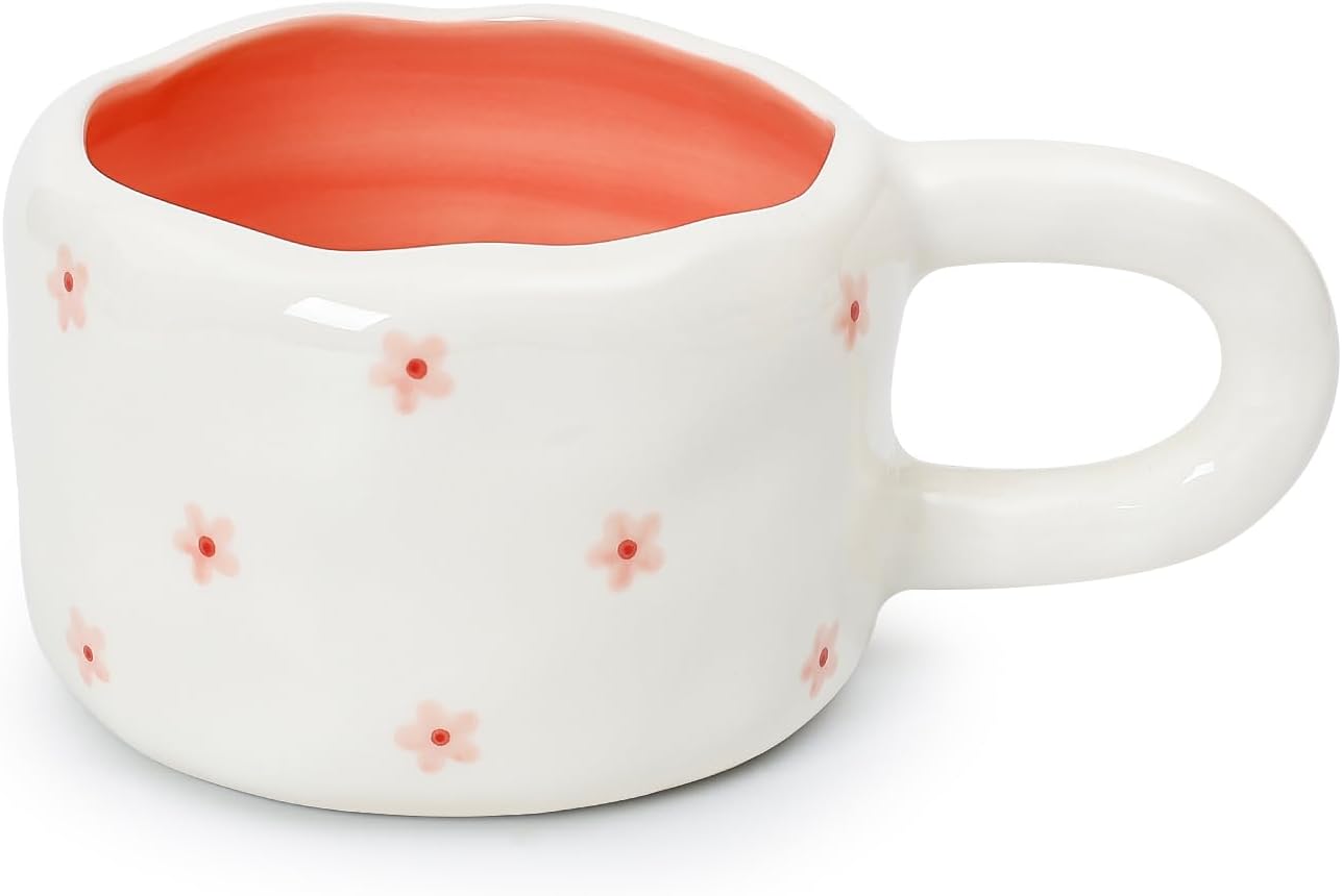 Ceramic Coffee Mug, Cute Cup for Office and Home, Aesthetics Cups 8.5 oz/250 ml for Latte Tea Milk for Mom, Mother's, Valentine's Day (Pink Little Flower)