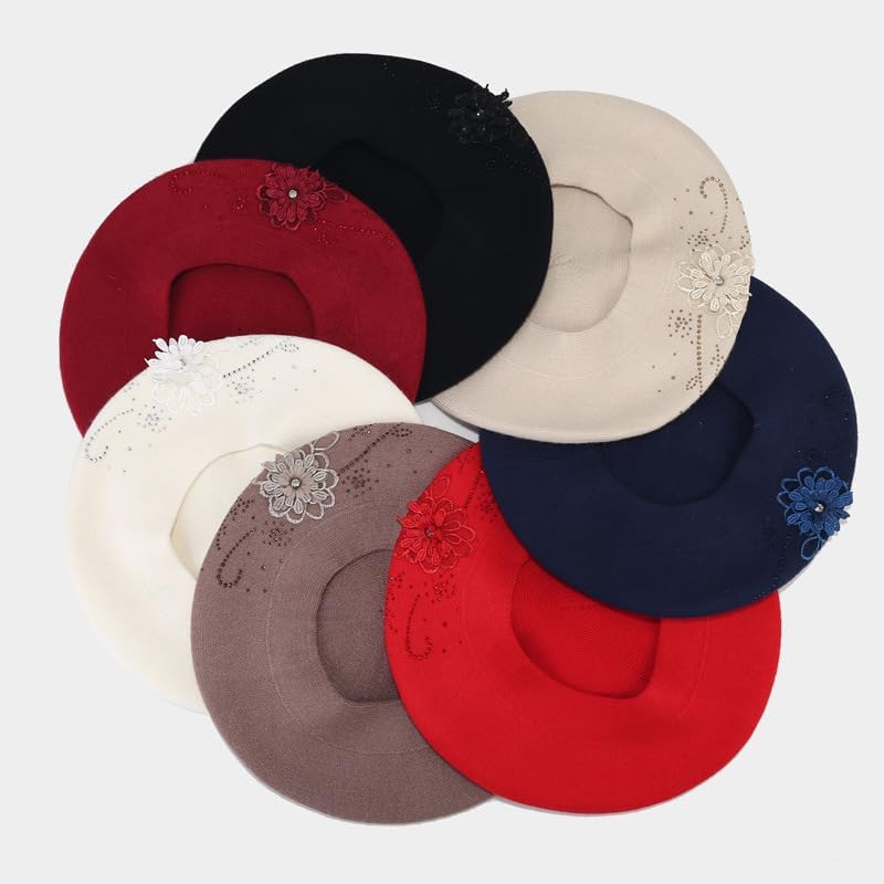 Retro Rhinestone Flower Knitted Beret Hat for Artistic Style and Fashion Statement