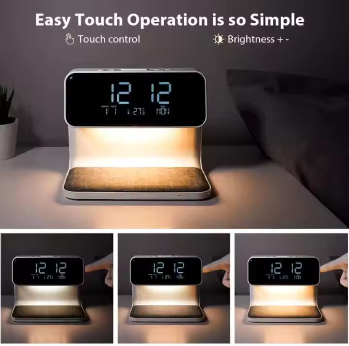 Luz De Noche Para Mesita De Noche, Lámpara De Lectura Con 3 Configuraciones De Luz, Despertador Con Pantalla Digital LED, Carga Inalámbrica, Luz De Despertador Para Quienes Duermen Profundamente