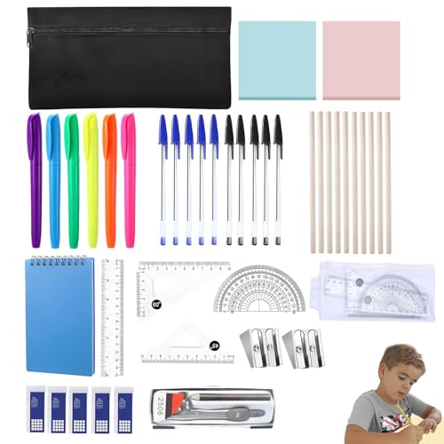 42 Pcs School Stationery Set, Pencil Case with Stationery Included, School Supplies Maths Sets for Secondary School with Protractor and Compass Set Pen Notebook Sticky Note Rubber Sharpener
