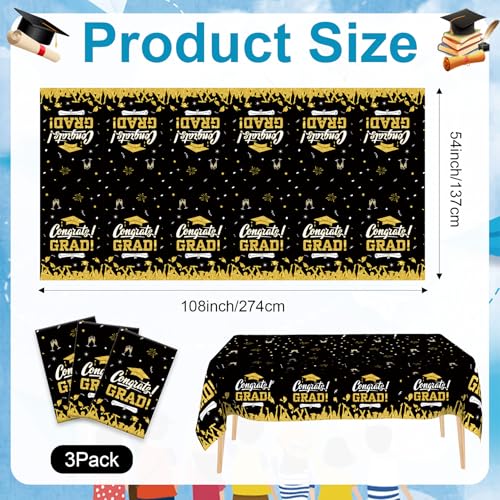 Graduation Tablecloth Party Decorations 2026, 3 Pack Black and Gold Graduation Decorations Tablecloth, Plastic Congrats Grad Table Cloth Rectangle for Class of 2026 Graduation Party Supplies, 108"x54" by Linsuminn - Image 2