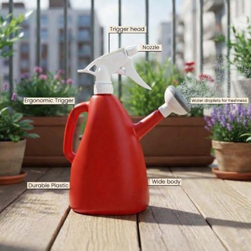 Image of Go Hooked 2in1 Plant Watering Can with Spray Bottle & Shower Head 1 Litre | Multi-Purpose Garden Water Sprayer for Indoor Plants, Balcony Garden & Nursery | Plastic Watering Pot with Handle (Red)