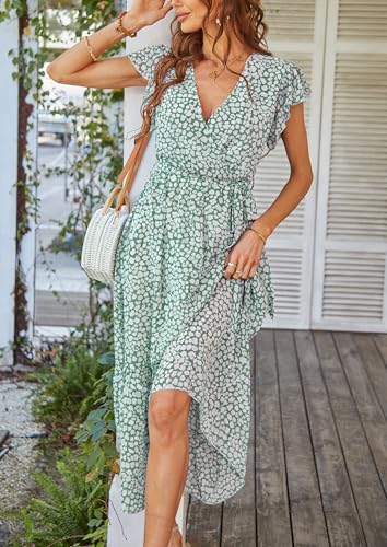 PRETTYGARDEN Women's Summer Floral Boho Maxi Dress Wrap Short Sleeve V Neck Ruffle A-Line Flowy Wedding Guest Long Dresses
