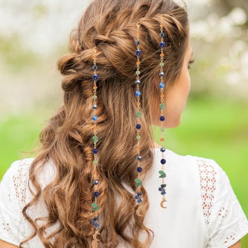 2 piezas de cadenas trenzadas largas para el cabello con clips, brillantes con cristales, accesorios bohemios para mujeres y niñas miniatura 5
