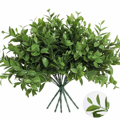 6 Bundles Artificial Greenery Stems 14.5 Fake Lucky Bamboo Leaves Faux Outdoor Plants UV Resistant Plastic Shrubs for Outside Home Room Garden Patio Front Porch Farmhouse Pathway Indoor Decorations
