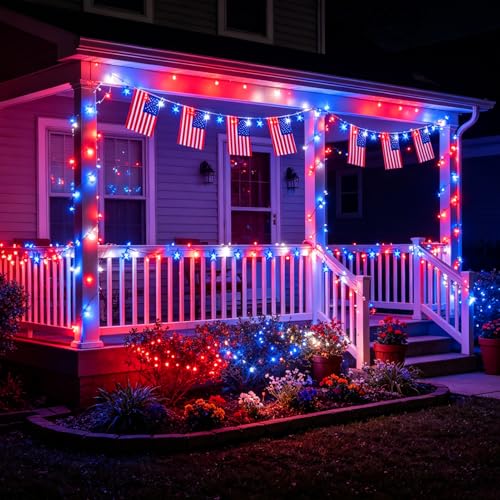 HUGSVIK 60 LEDSolar Red White and Blue Lights with 20 American Flag for Outside, 8 Modes 4th of July Lights Outdoor Waterproof 4th of July Decorations for Independence Day Memorial & Veterans Day by HUGSVIK - Used condition - Image 5