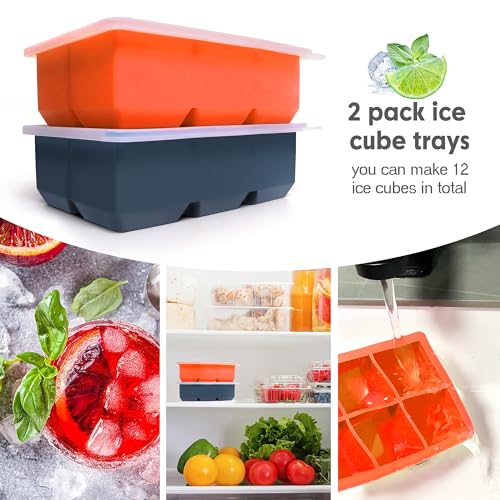 Silicone Ice Cube Trays with Lids,Large Square Ice Cube Molds for Freezer, Whiskey, Cocktail, Stackable Flexible and Reusable & Easy Release BPA Free (2 Pack&Dark Gray and Orange) — view 4