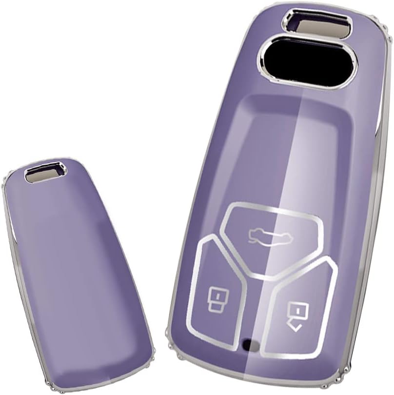 SANRILY Sliver-Edge Smart Key Fob Cover for Audi A4 Q7 Q5 TT 2018-2020 A3 A6 SQ5 R8 S5 Accessories Keyless Key Case with Leather Keychain Purple