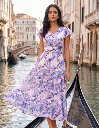 GRACE KARIN Women Summer Dress,Maxi Floral Dresses,V Neck Wedding Guest Flowy Dress 2026 Purple Dotted Flowers XXL — view 6