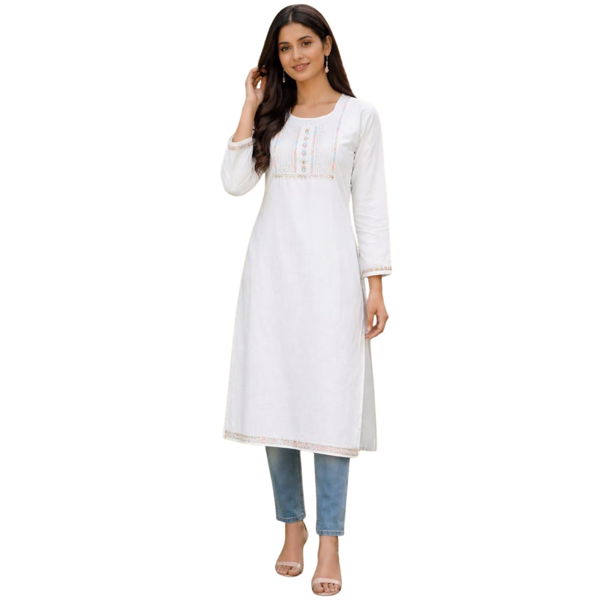 Women White Cotton Kurti | Straight Fit Embroidered Kurti for Women | Casual Office Kurti | Long Kurti for Jeans | Summer Ethnic Kurti-picture-54