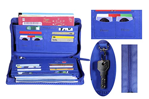 Image of Sukeshcraft Multiple Cheque Book Holder | Original PU Holds Upto 8 Cheque Books, Locker Key Hook, 2 Photo Slots, 1 Pin-Sim Slot, 13 Credit /Debit Card Slots with Matching Zipper (PU -Sky Blue)