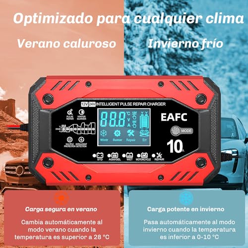EAFC Cargador de Batería 12V 10A Coche con Pantalla Táctil Múltiples Protecciones Cargador Bateria Coche para Automóviles Motocicletas AGM, Gel(Incluye Caja de Almacenamiento) - imagen 2