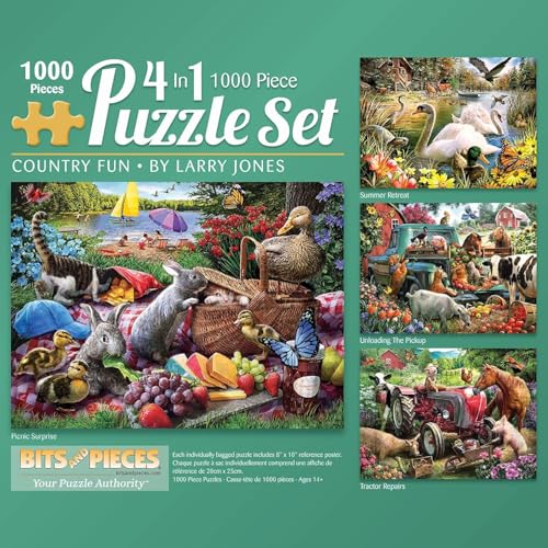 Bits and Pieces – 4-in-1 Multi-Pack 1000 Piece Jigsaw Puzzles for Adults – Country Fun by Artist Larry Jones, Completed Puzzle Size: 20 x 27