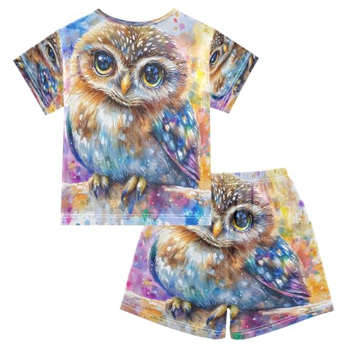 ALAZA Owl Color Bird Art Pajamas Set Short Sleeve Cotton Sleepwear Summer Pjs 2 Piece 5-14Y2