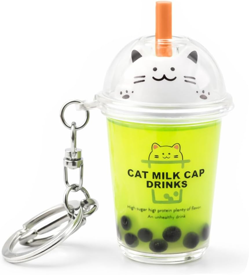 Cat Milk Cap Keychain - Cute Bubble Tea Keyring Accessory for Bags, Backpacks, and Keys