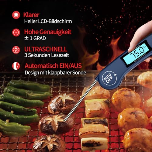 DOQAUS Grillthermometer Fleischthermometer Küchenthermometer Bratenthermometer Kochthermometer mit 3s Sofortiges Auslesen, LCD Bildschirm und Lange Sonde, für Kochen, BBQ (Navyblau)