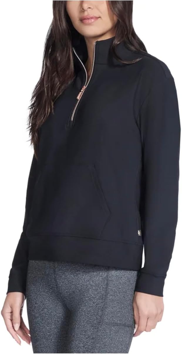 Skechers Women's Stretch Ribbed Quarter Zip Pullover with Kangaroo Pocket (US, Alpha, Medium, Regular, Regular, Black)