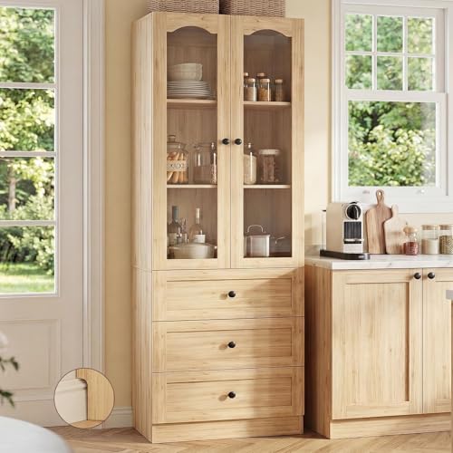 Image of Cyclysio 80 inch Tall Pantry Cabinet for Kitchen Storage, Natural Oak Pantry Cabinet with Glass Doors & 3 Drawers - Freestanding Storage Bookcase with Built-in Baseboard Notch for Dining, Living Room