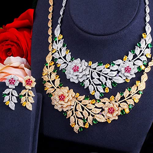 Boda collar pendiente conjunto de joyería con flor rosa de circonitas 3