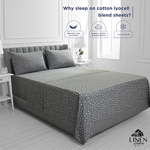Image of Linen Home Cotton Lyocell Blend Percale Sheet Set Twin Size - 3 Piece Deep Pocket Bedding, Pre-Washed & Shrunk, Crisp Cooling Fabric, Fade-Resistant, Hotel Luxury, Wrinkle-Free - Polka Charcoal