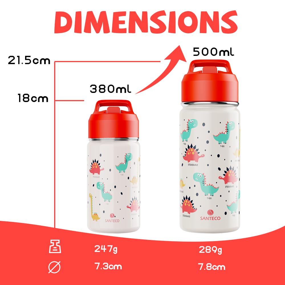 SANTECO Borraccia Bambini Acciaio Inox, Senza BPA, 500ml Borraccia Termica a Prova di Perdite con Cannuccia per Scuole, Facile da Pulire