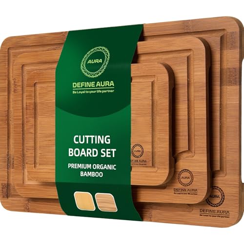 Organic Bamboo Cutting Board Set of 3 – Wooden Kitchen Boards for...