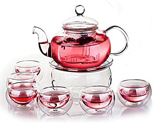 ZHCKyee New Version 28 OZ Glass Filtering Tea Maker Teapot with a Warmer and 6 Tea Cups Set