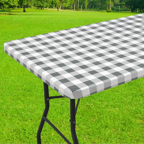 Smiry Rectangle Picnic Table Cloth, Elastic Waterproof Fitted Vinyl Tablecloths, Flannel Backed Buffalo Plaid Table Covers for Dining, Camping, Outdoor (White and Grey, 30