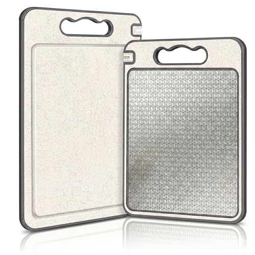 Tábua de Corte Dupla Face Aço Inox 304 e Plástico PP com Afiador de Facas – Superfície Antibacteriana, Antiodor, Antiderrapante, Canaleta Antirespingo e Alça Ergonômica – Higiênica e Fácil de Limpar