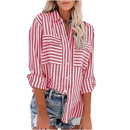 Lista de Camisas de Moda para Dama , tabla con los diez mejores. 43 Blusa a rayas con botones para mujer, de moda, de lino de algodón suave, casual, de manga larga, camisa de otoño, Rojo -, M