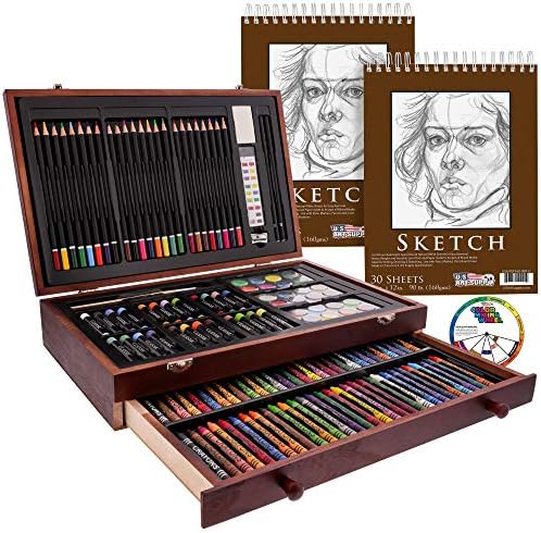 U.S. Art Supply 145 Piece-Mega Wood Box Art, Painting & Drawing Set with Color Mixing Wheel and Bonus 2-9"x12" Drawing Sketching Paper Pads