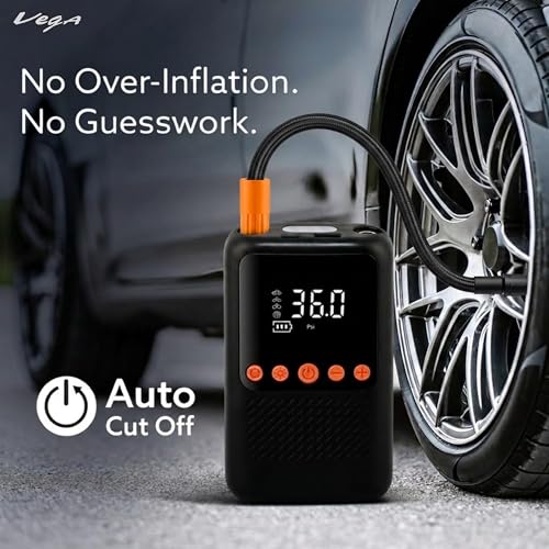 Image of Vega Portable Cordless Digital Tyre Inflator for Car, Bike, Sports Balls & Inflatables | 150 PSI Air Compressor | 4000mAh Battery | LED Flashlight, Power Bank, Rechargeable Type-C, SOS Signal | Black