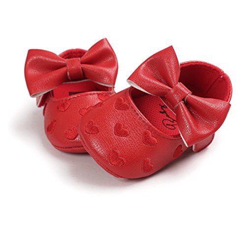 Rvrovic Baby Girls Shoes Soft Sole Mary Jane Flats Princess Dresses Shoes Pu Cute Bow Crib Shoes Prewalker (0-6 Months Infant, Heart-Red) #TOP4