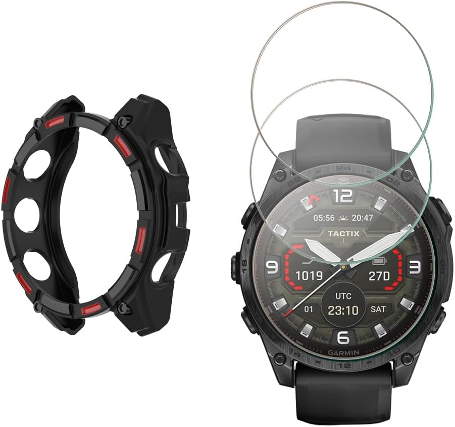 Watch Screen Protector Compatible for Garmin Tactix 8 AMOLED 51mm Smartwatch, 9H Tempered Glass Protective Film Full Coverage and Soft TPU Protective Case (Tactix 8 AMOLED 51MM black Red)