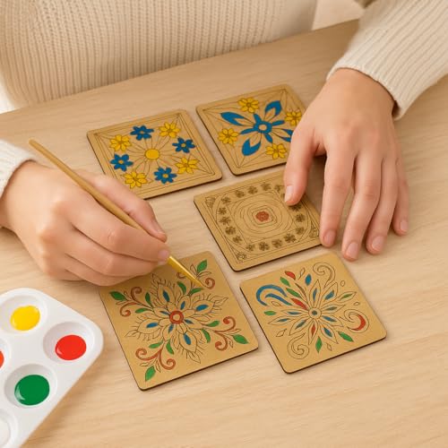 Image of DIY Wooden Coaster Set of 6 with Stand | Square | 4 inch per piece | Paintable MDF Coasters for Art & Craft, Home Decor, and Gifting (DIY Cost 003)
