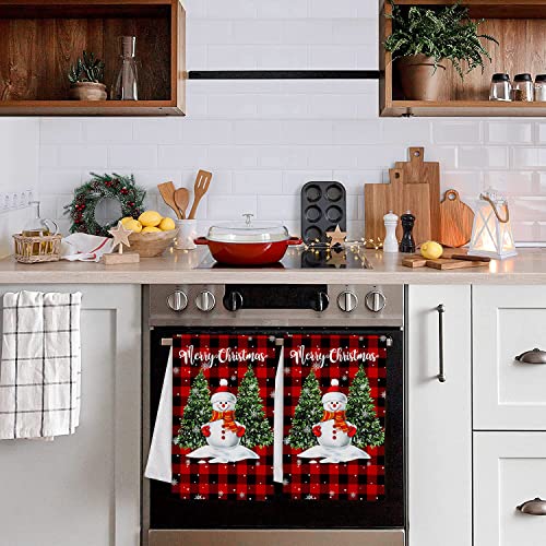 Beisseid Christmas Kitchen Dish Towels Snowman With Xmas Tree Dish Cloth Fingertip Bath Towels Cloth Red Buffalo Plaid Check Hand Drying Soft Cotton Tea Towel Set 18X28In 2Pcs #TOP2