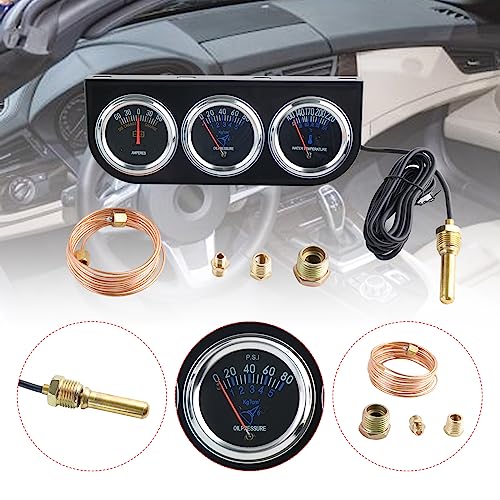 Bagaraatan Triple Gauge Kit Oil/Amp/Water,Mechanical 2'' 52Mm Chrome Triple Gauge Set Water Temp Oil Pressure Amp Meter #TOP6