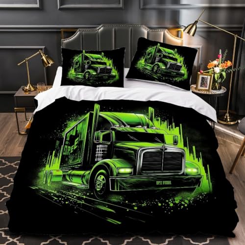 ZHDEDSP 3D LKW Bettwäsche Set für Sommer, Schwarz-Grün Truck Design,...